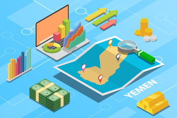 republic of yemen isometric business economy growth country with map and finance condition - vector illustration