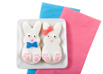 Easter bunny cookies, boy and girl with bow and bow tie on a small square plate sitting on pink and blue napkins isolated on white background. Close up. Home made original design.