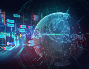Block chain network concept on earth technology background