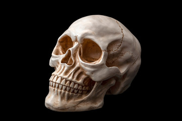 Obraz premium Death and the ephemeral nature of life concept theme with three quarters portrait or 3/4 view of a human skull isolated on black background with high contrast moody light and a clip path cut out