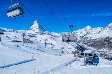 Fototapeta na wymiar Zermatt, Switzerland MARCH 25, 2017: Skier in Cable car to Matterhorn Glacier Paradise at Zermatt, Switzerland