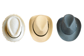 collection of vintage pretty straw hat isolated on white background