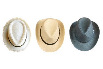 collection of vintage pretty straw hat isolated on white background