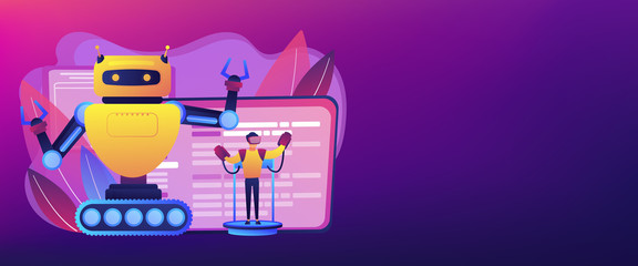 Engineer controlling big robot with remote technology. Remotely operated robots, robot control system, manipulation robotic system concept. Header or footer banner template with copy space.