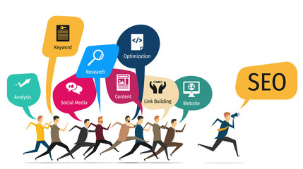 SEO search engine optimization banner web icon for business and marketing, traffic, ranking, optimization, link and keyword. Minimal vector infographic.