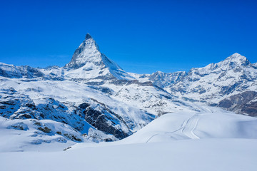 Beautiful paoramic view of the Matterhorn Mountain in winter, Zermatt, Switzerland.