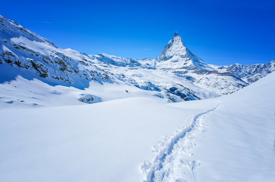 Beautiful panoramic view of the Matterhorn Mountain in winter, Zermatt, Switzerland.