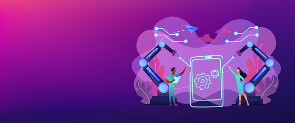 Obraz premium Lazer beams drawing outline of smartphone and engineers, tiny people. Laser technologies, optical communication systems, medical laser use concept. Header or footer banner template with copy space.