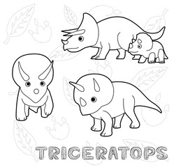 Dinosaur Triceratops Cartoon Vector Illustration Monochrome