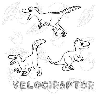 Dinosaur Velociraptor Cartoon Vector Illustration Monochrome