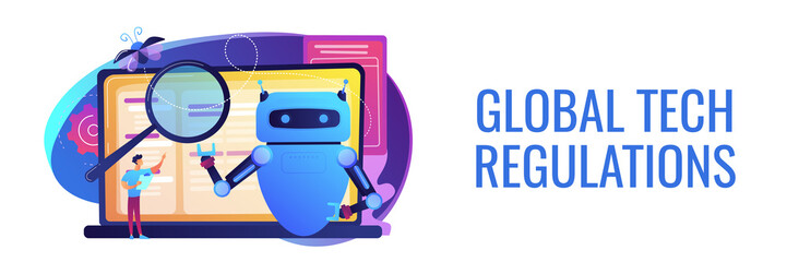Controller reading regulations to robot. Artificial intelligence regulations, limitations in AI development, global tech regulations concept. Header or footer banner template with copy space.