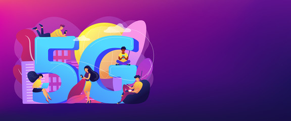 Tiny business people with mobile devices using 5g technology. 5g network, next generation connectivity, modern mobile communication concept. Header or footer banner template with copy space.