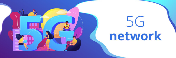 Tiny business people with mobile devices using 5g technology. 5g network, next generation connectivity, modern mobile communication concept. Header or footer banner template with copy space.