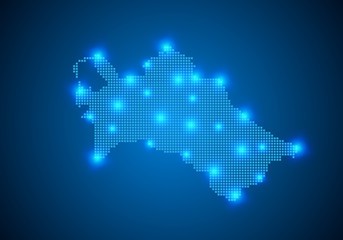 Obraz premium Abstract blue background with map, internet line, connected points. map with dot nodes. Global network connection concept. Wire frame 3D mesh polygonal network line. vector.