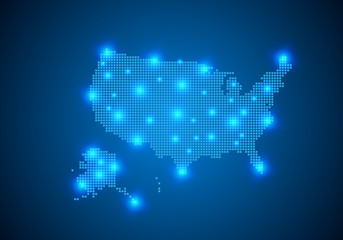 Abstract blue background with map, internet line, connected points. map with dot nodes. Global network connection concept. Wire frame 3D mesh polygonal network line. vector.