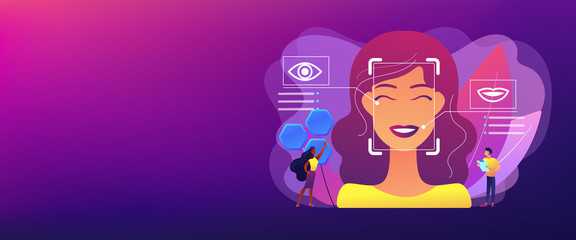 Tiny people scientists identify womans emotions from voice and face. Emotion detection, emotional state recognizing, emo sensor technology concept. Header or footer banner template with copy space.