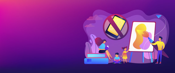 Tiny people parents paint and read books with children and no smartphone sign. Low tech parenting, tech-free kids, low media child concept. Header or footer banner template with copy space.