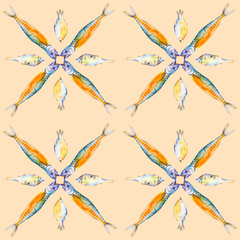 Sewing fabric with Set of different types of fish. Watercolor ...