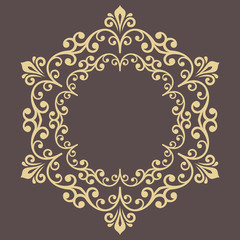 Oriental round golden pattern with arabesques and floral elements. Traditional classic ornament. Vintage pattern with arabesques