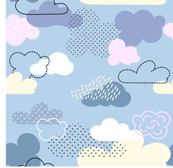 Seamless pattern with bright cartoon clouds. It is executed by means of graphic receptions: various textures, spots, strips, contours. Great for prints, textiles, covers, gift wrappers, backdrops