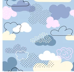 Selbstklebende Fototapeten Seamless pattern with bright cartoon clouds. It is executed by means of graphic receptions: various textures, spots, strips, contours. Great for prints, textiles, covers, gift wrappers, backdrops © Ксения Хомякова