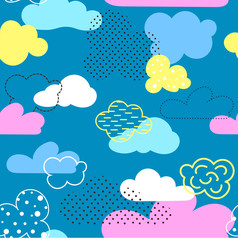 Seamless pattern with bright cartoon clouds. It is executed by means of graphic receptions: various textures, spots, strips, contours. Great for prints, textiles, covers, gift wrappers, backdrops