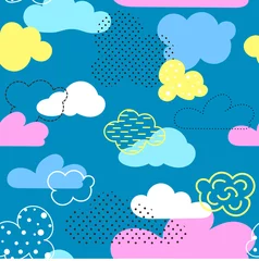Tuinposter Seamless pattern with bright cartoon clouds. It is executed by means of graphic receptions: various textures, spots, strips, contours. Great for prints, textiles, covers, gift wrappers, backdrops © Ксения Хомякова