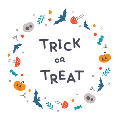 Obraz premium Trick or Tteat. Greeting card for Halloween with a wreath of holiday elements.