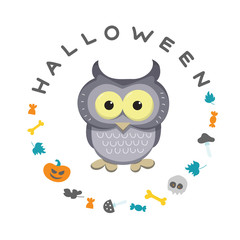 Cute owl surrounded by a wreath. The wreath is made up of elements on the theme of Halloween and the greeting inscription.