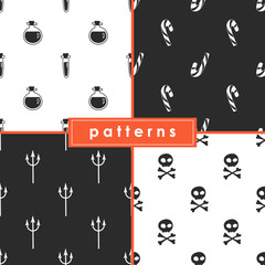 A collection of seamless monochrome patterns for the celebration of Halloween.