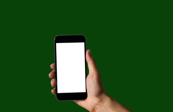 Hand holding white mobile phone with blank white screen green background.