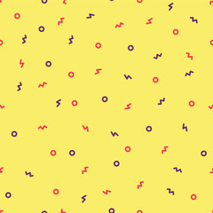 violet and red memphis on pale yellow seamless pattern