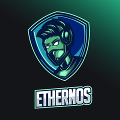 Male gamer e-sport logo design template with headphone 