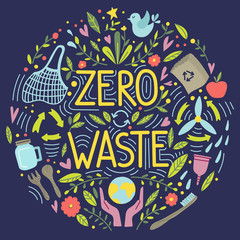 Zero waste concept, recycle and reuse, reduce - ecological lifestyle, set with lettering