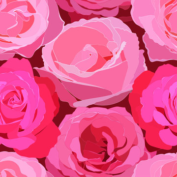 seamless pattern of large flowers bright pink roses