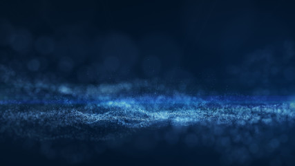 blue background, digital signature with wave particles, sparkle, veil and space with depth of field. The particles are white light lines.