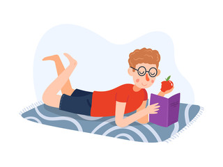 Reading boy vector flat design illustration. Boy with the book lying on the carpet.