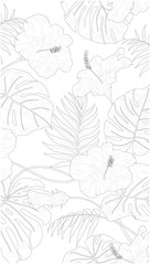Seamless black lined pattern tropical leaves of trees and flowers on white background, flat line vector and illustration.