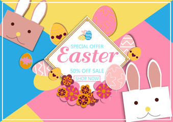 Happy Easter. Colorful Easter eggs and 3d abstract multicolor paper cut shapes. Design for holiday flyer, poster, greeting card, party invitation. Vector illustration.