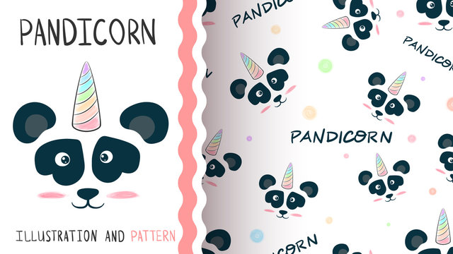 Cute Panda, Unicorn - Seamless Pattern.