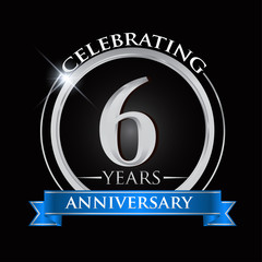 Celebrating 6 years anniversary logo. with silver ring and blue ribbon.