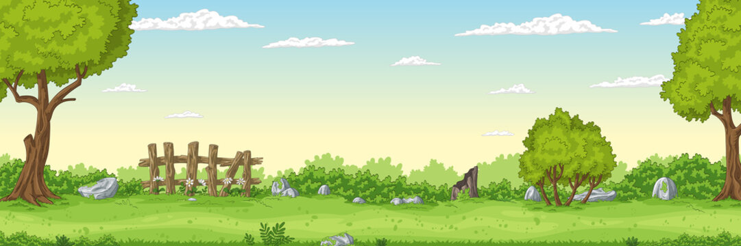 Panorama summer landscape with fence and trees