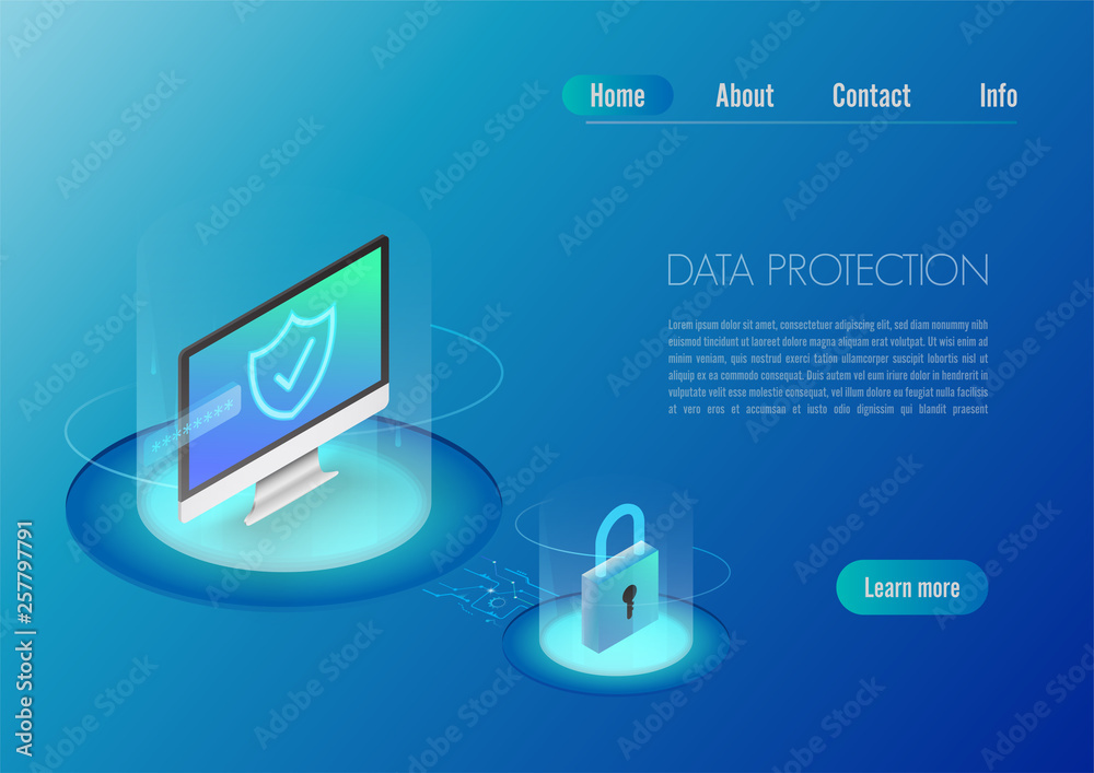 Poster isometric design concept web banner computer with full option security. personal data security conce