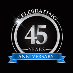Celebrating 45 years anniversary logo. with silver ring and blue ribbon.