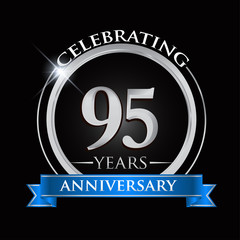 Celebrating 95 years anniversary logo. with silver ring and blue ribbon.