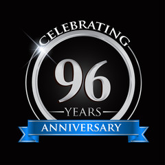 Celebrating 96 years anniversary logo. with silver ring and blue ribbon.