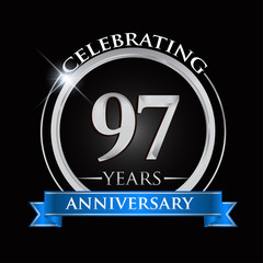 Celebrating 97 years anniversary logo. with silver ring and blue ribbon.