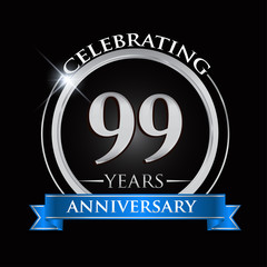 Celebrating 99 years anniversary logo. with silver ring and blue ribbon.