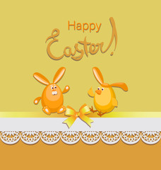 Funny Easter bunny and chick. Happy easter. Yellow-orange background with lace. Poster, card with funny characters, bow and lace. Design for textiles, gift bags.