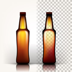 Beer Bottle Vector. Empty Glass For Craft Beer. Mockup Blank Template. Brown. 3D Transparent Isolated Realistic Illustration
